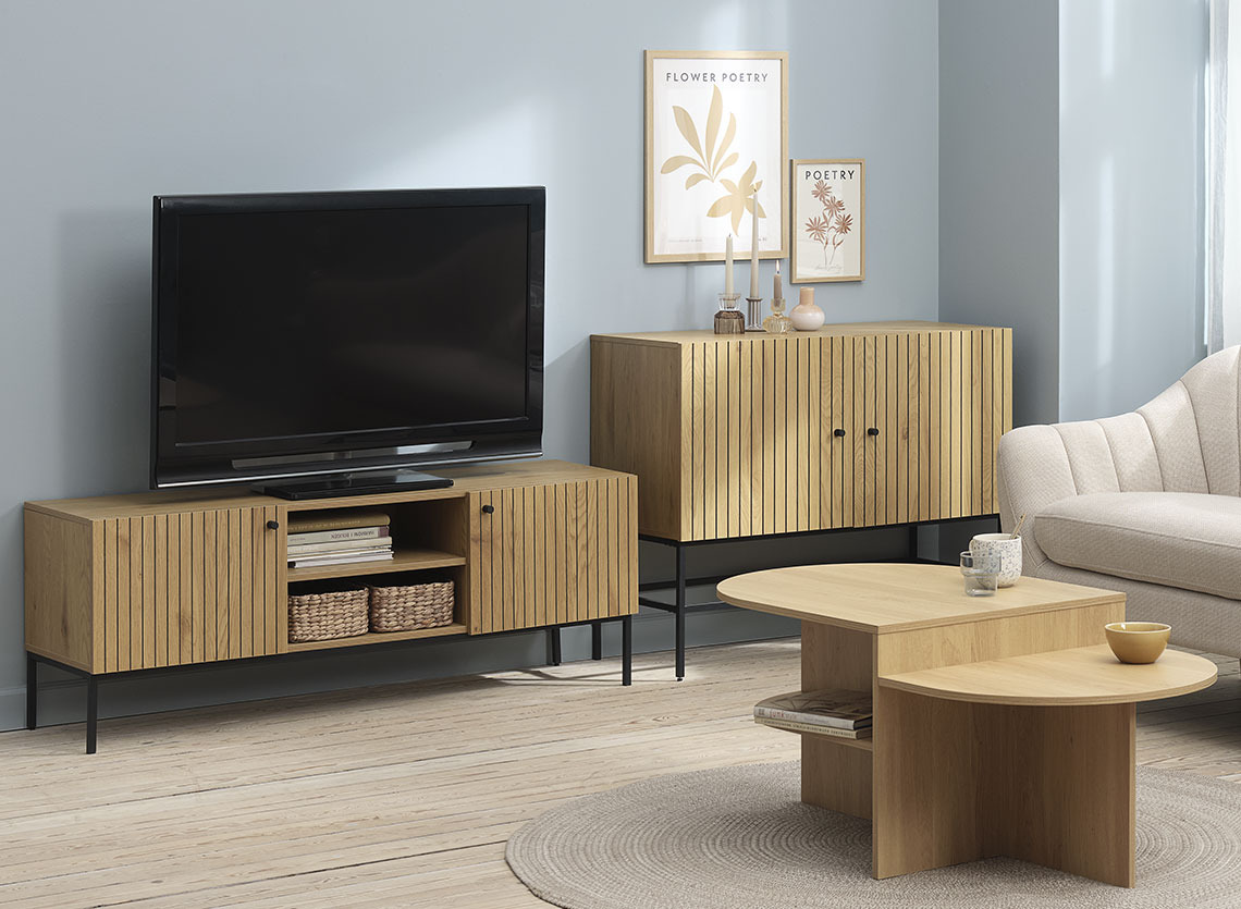 HEMDRUP TV bench, EGEDAL sofa and LISBJERG coffee table TV bench with a TV in a living room with sofa, coffee table and sideboard